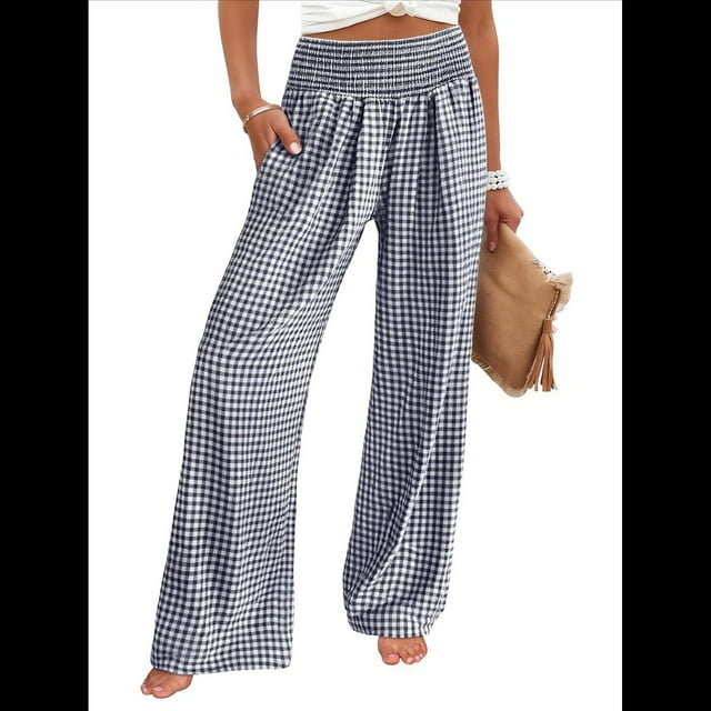 Pantalones Palazzo de Cuadros para Mujer, Pantalones de Pijama de Cintura Alta y Pierna , Pantalones Casuales Bonitos con Bolsillos Azul Marino M