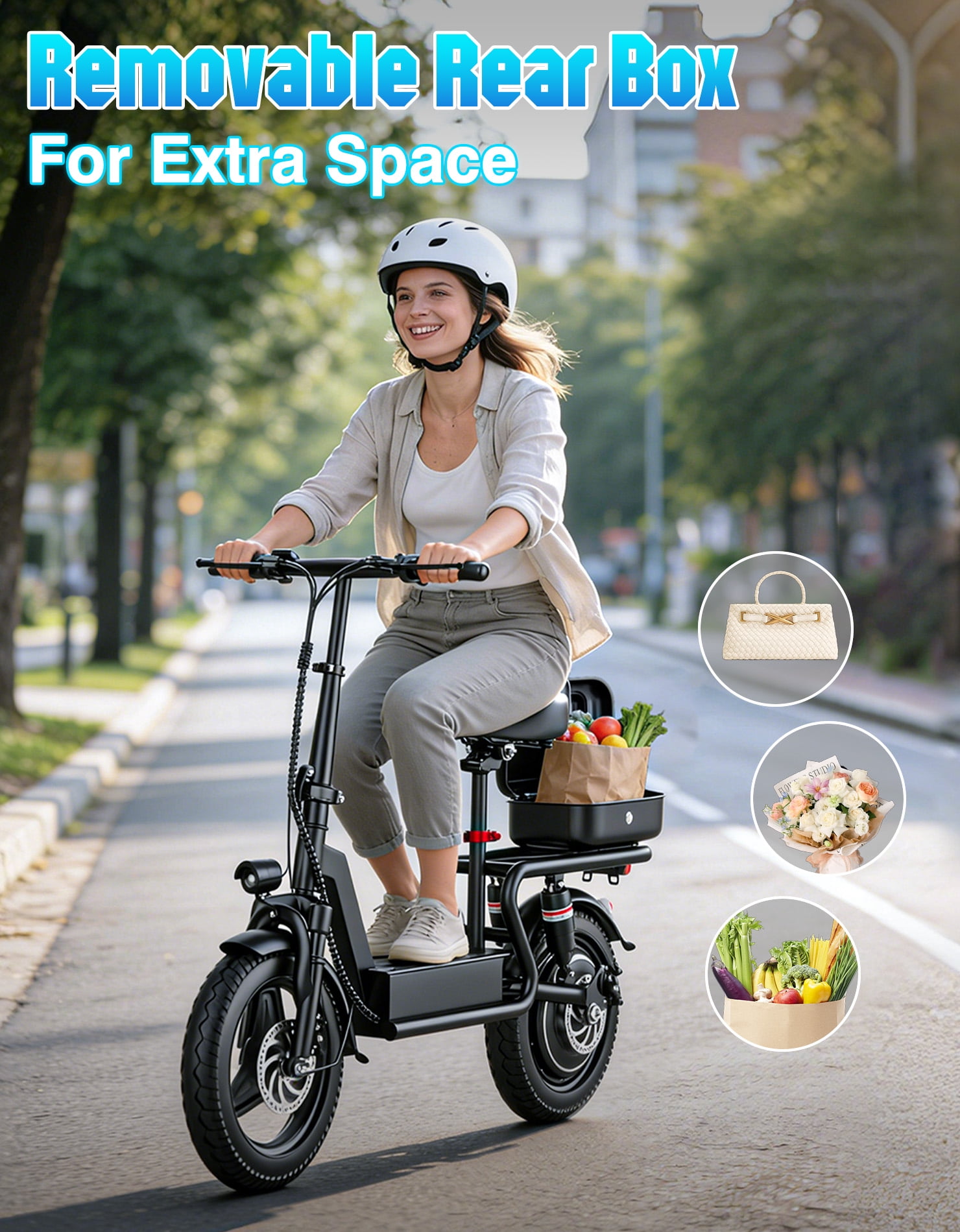 AZHAR GT12 Electric Scooter with Seat 1400W Peak Motor with Carry Basket, 25mph 48V20AH 45Miles Foldable 14" E Scooter for Commuting