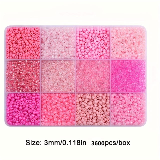 3600pcs 3mm Glass Seed Beads, Assorted Colors, 12-grid Storage Box, DIY Jewelry Making Kit, Loose Beads For Bracelets, Necklaces,Pink