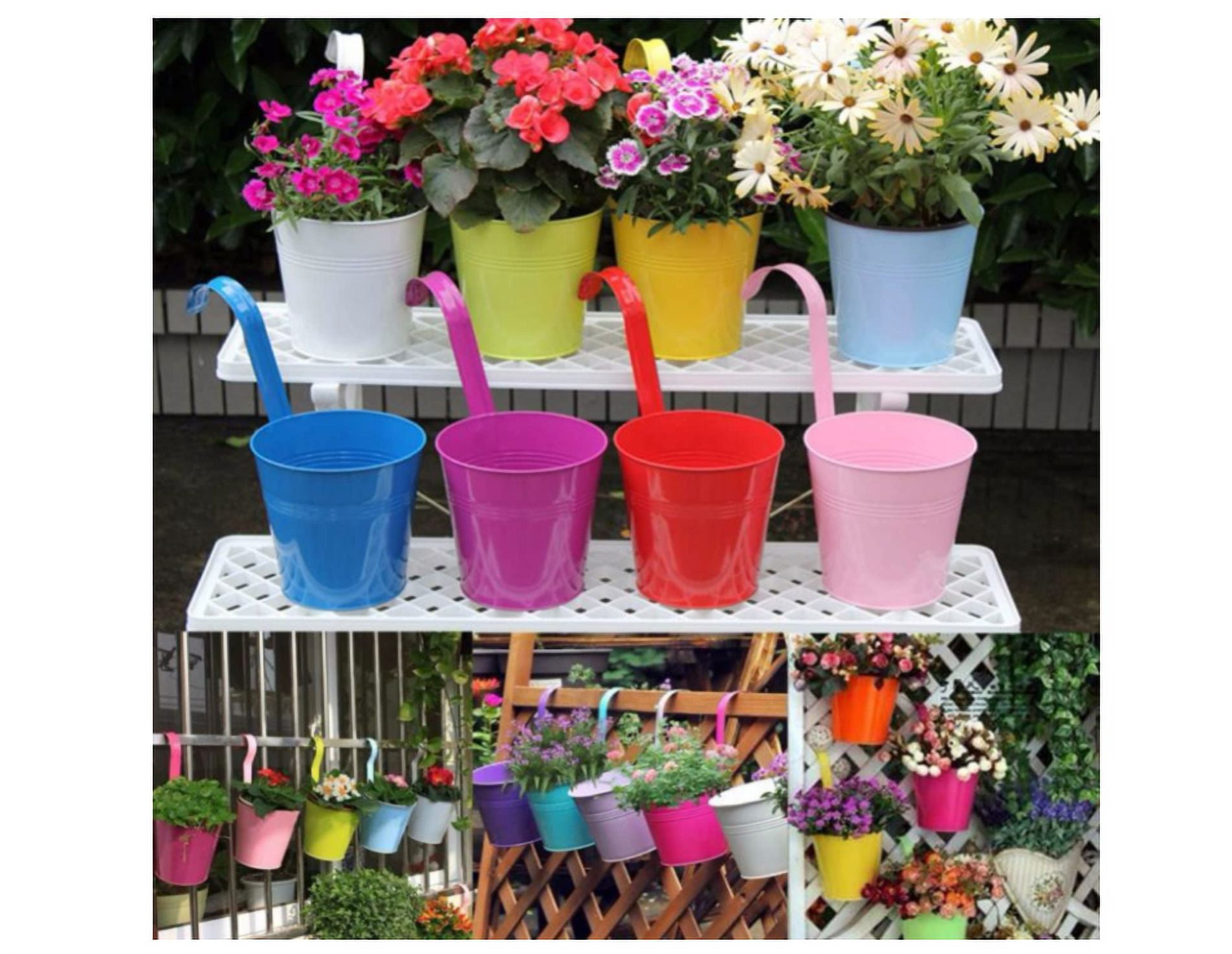 10 Pcs 10cm Metal Hanging Plant Pots with Detachable Hook, Colored Fence Flower Pots Garden Hanging Planter Bucket Flower holder for Balcony Fence Railing Garden Home Décor,Random Color