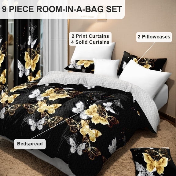 9 Piece All-Season Washed Microfiber Cover Set , Twin/Queen/King/Calking Bedding Set With Pillowcases,Bedspread Print Curtains & Solid Curtains,Print, Moisture-Wicking, Soft ,Cooling, Easy Care