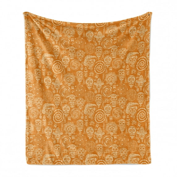 Sugar Skull Soft Flannel Fleece Blanket, Doodle Dia de los Muertos Themed Print with Skulls Swirls and Flowers, Cozy Plush for Indoor and Outdoor Use, 70" x 90", Marigold and Cream, by Ambesonne