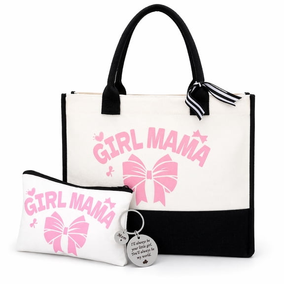Mother's Day Gift Set for New Mom, 3 Pcs Boy Mama Girl Mama Tote Bag with Makeup Pouch and Keychain, Canvas Mom Gift Basket for Baby Shower Postpartum Gift First Time Mom Present