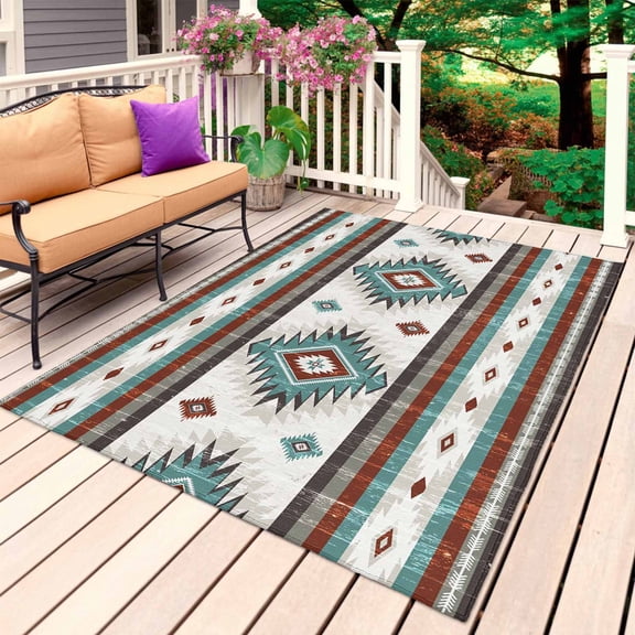 Turquoise Red Boho Outdoor Rug for Patio/Deck/Porch, Non-Slip Large Area Rug 3 x 5 Ft, Southwestern Ethnic Aztec Retro Geometric Indoor Outdoor Rugs Washable Area Rugs, Camping Rug Carpet Runner