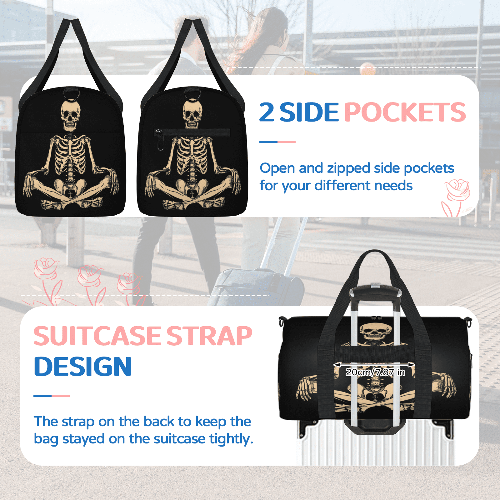 Herdesigns Funny Human Skeleton Skull Gym Bag for Women, Duffle Bag for Travel Sport, Lightweight Waterproof Carry on Weekender Overnight Dance Yoga Workout Bags