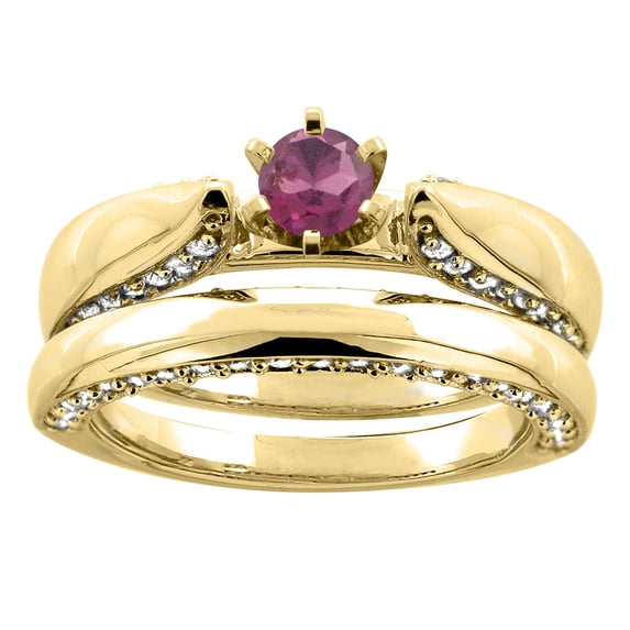 14K Yellow Gold Natural Rhodolite 2-piece Bridal Ring Set Diamond Accents Round 5mm, size 10