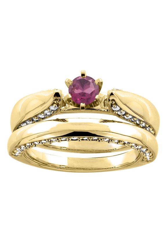 14K Yellow Gold Natural Rhodolite 2-piece Bridal Ring Set Diamond Accents Round 5mm, size 6
