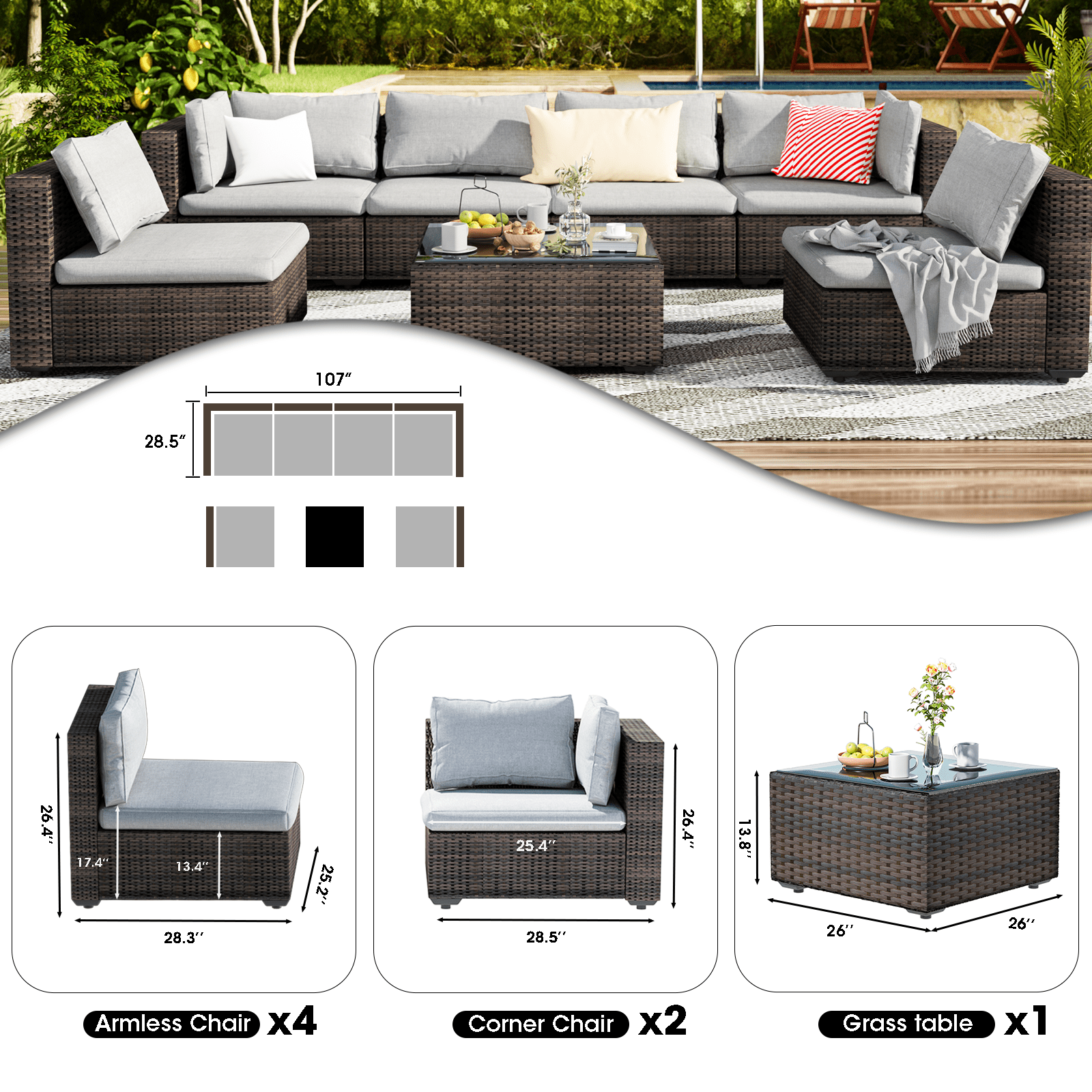Grezone 7 Patio Outdoor Furniture Wicker Sectional Sofa Couch Lawn Sectional Black Glass Table, Gray