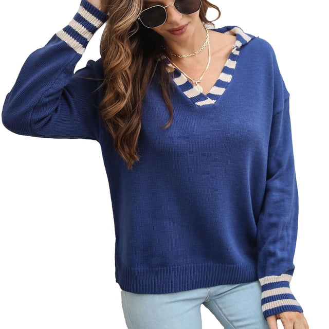 Suéter de punto holgado con puños a rayas, color azul oscuro, elegante y de invierno para mujer