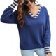 thumbnail image 1 of Suéter de punto holgado con puños a rayas, color azul oscuro, cuello vuelto, talla L, para mujer, 1 of 6