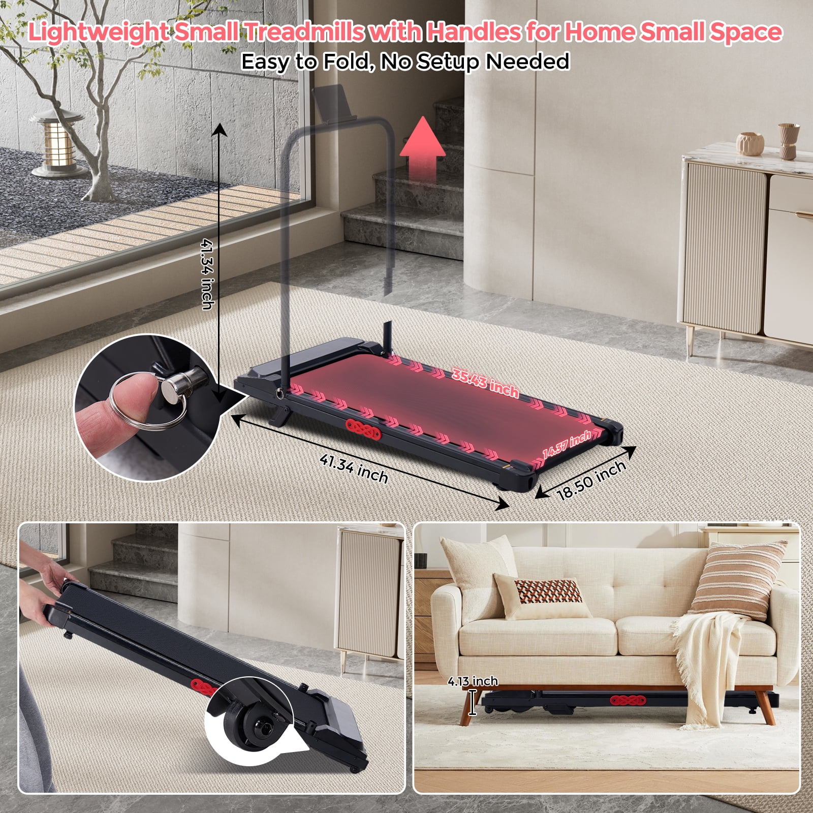 HevGlrm Walking Pad Treadmill with Incline for Home,3.0HP Portbale Under Desk Treadmills with Handles,350 lbs Capacity Compact Running Treadmill for Small Space,0.6-7.6 MPH