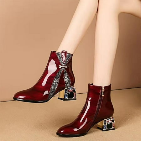 

Women‘s Patent Leather Block Heeled Boots Glitter Faux Crystal Decor Ankle Boots Women‘s Footwear