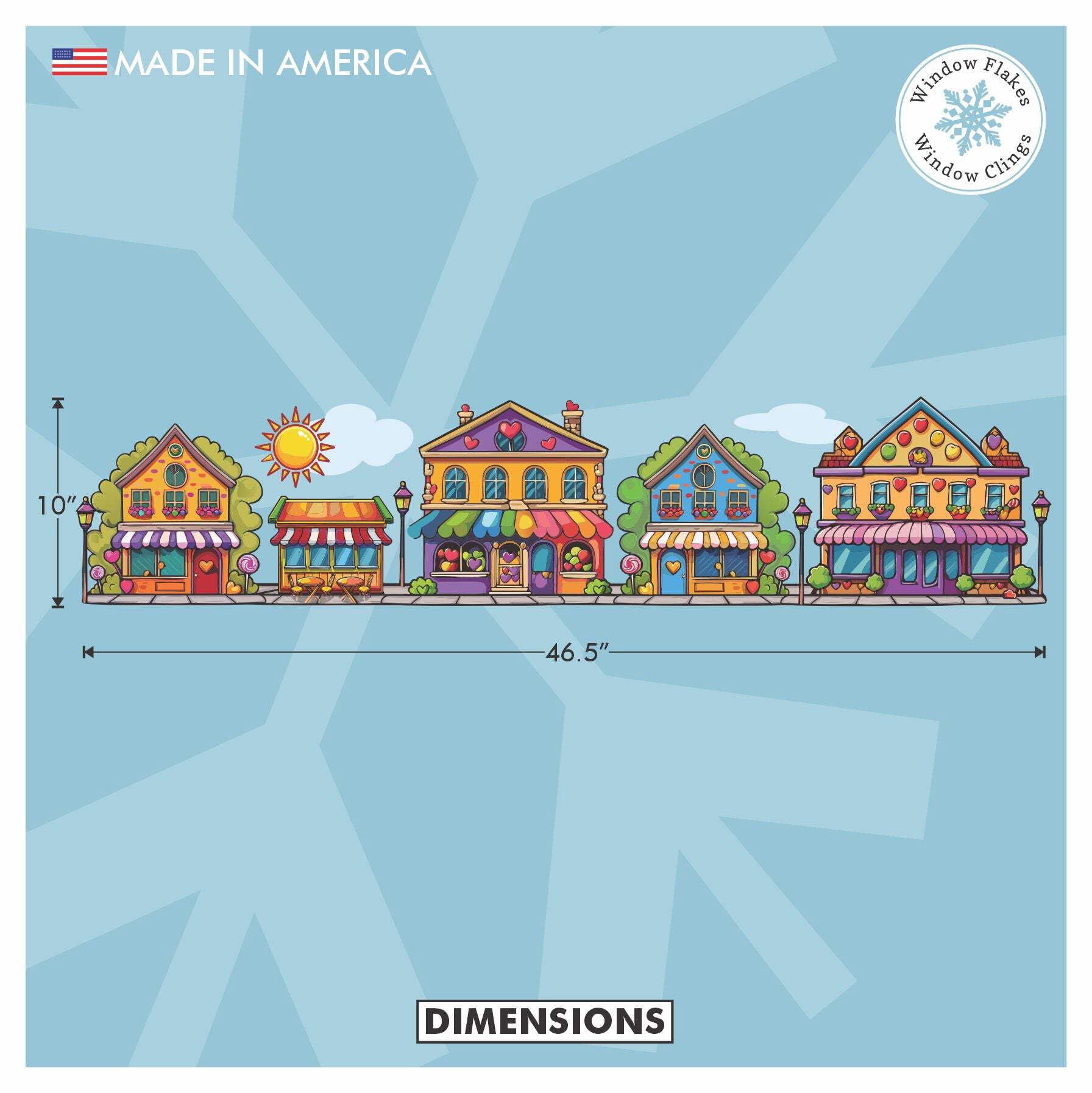 46" Valentine Street Scene Border Window Cling Decal. Part of the Rainbow Colors Candyland Bubblegum Collection. Made in America.