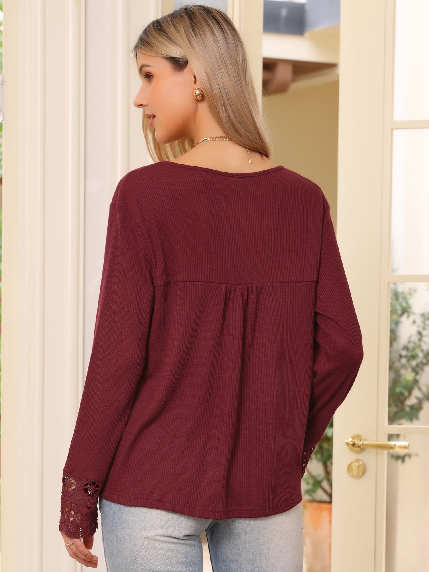 DARING DIVA Women's Long Sleeve V Neck Casual Tops Lace Blouses XS Wine Red