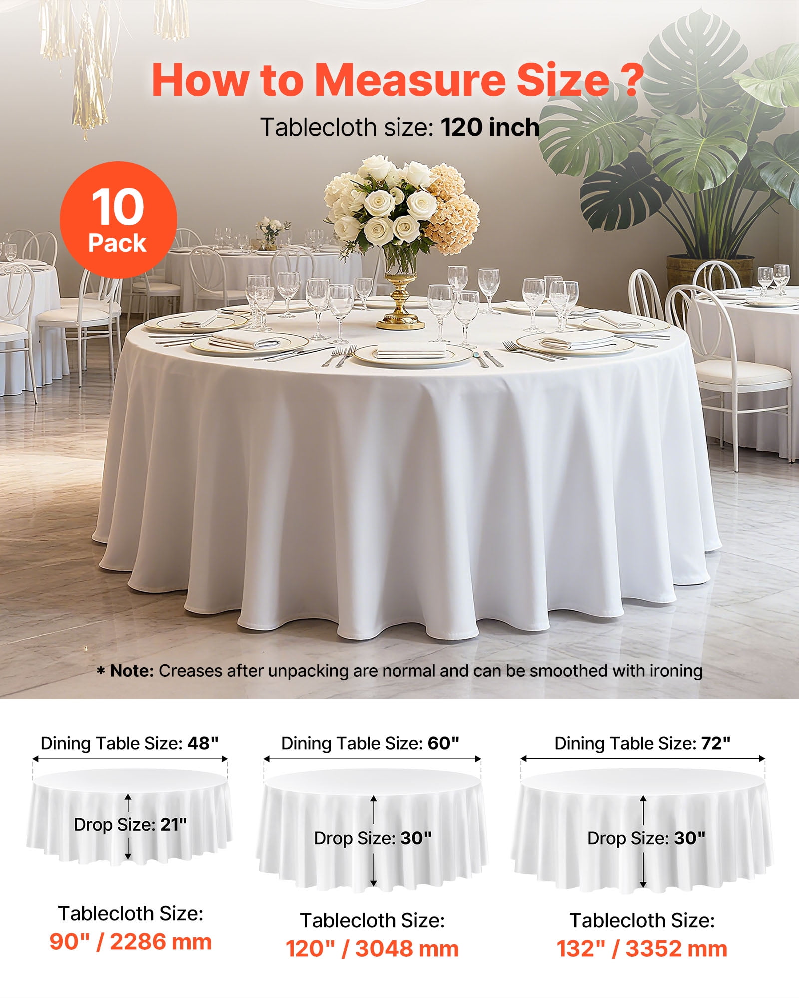 VEVOR White Round Tablecloths 10 Pack, 120 Inches in Diameter, Stain- & Wrinkle- Resistant, Machine Washable Table Clothes, Polyester Fabric Table Covers for Wedding, Party, Banquet, Formal Events