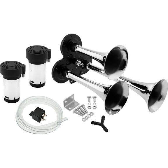 Vixen Horns Loud 3/Triple Trumpet Train Air Horn with Two Compressors Full Complete System/Kit Chrome 12V VXH2411DC
