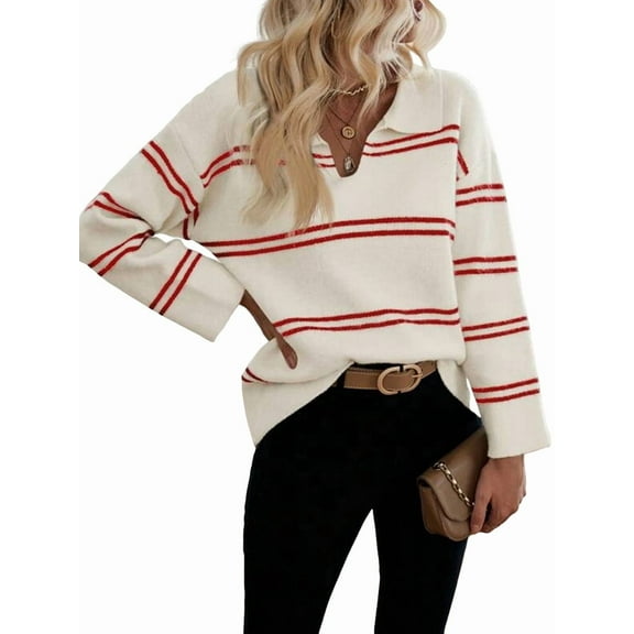 Women'S Casual Striped Long Sleeve V Neck Lightweights Pullover Sweater Loose Fit Drop Shoulder Knitted Tops Red L
