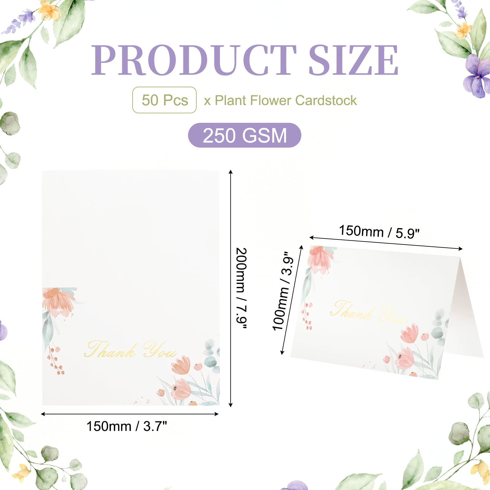 Uxcell 50Pcs Thank You Cards, 5.9"x7.9" Floral Folded Blank Cardstock, Thank You Notes for Greeting Cards Wedding Graduation Birthday DIY Craft Invitations, Twin Daisy Style