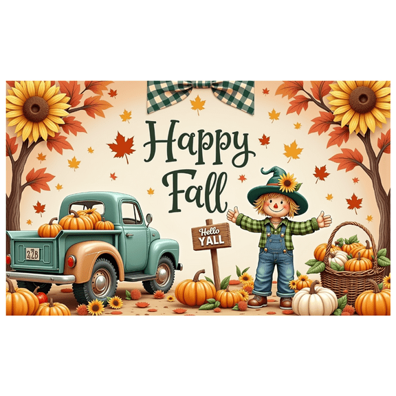 Colorful Leaves Happy Fall y'all Pumpkins Vintage Truck Sunflowers Autumn Harvest Banner for Thanksgiving Decoration Seasonal Party Indoor Outdoor