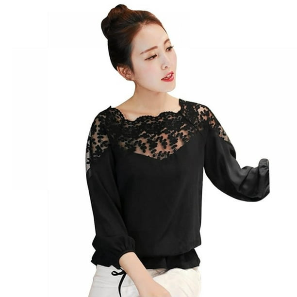 Women Fashion Chiffon Lace Flower Loose Blouse Casual Long Sleeve Lace Tops  Shirts 
