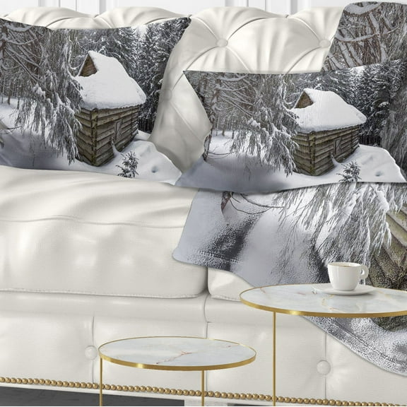 Designart House in Magic Winter Forest - Landscape Printed Throw Pillow - 12x20