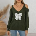 thumbnail image 5 of Rutainlusire Womens Trendy Comfy Bow Printed Sweaters Blouses Women's Casual Fashion V-Neck Bow Long Sleeved Off Shoulder Loose Pullover Sweater, 5 of 6