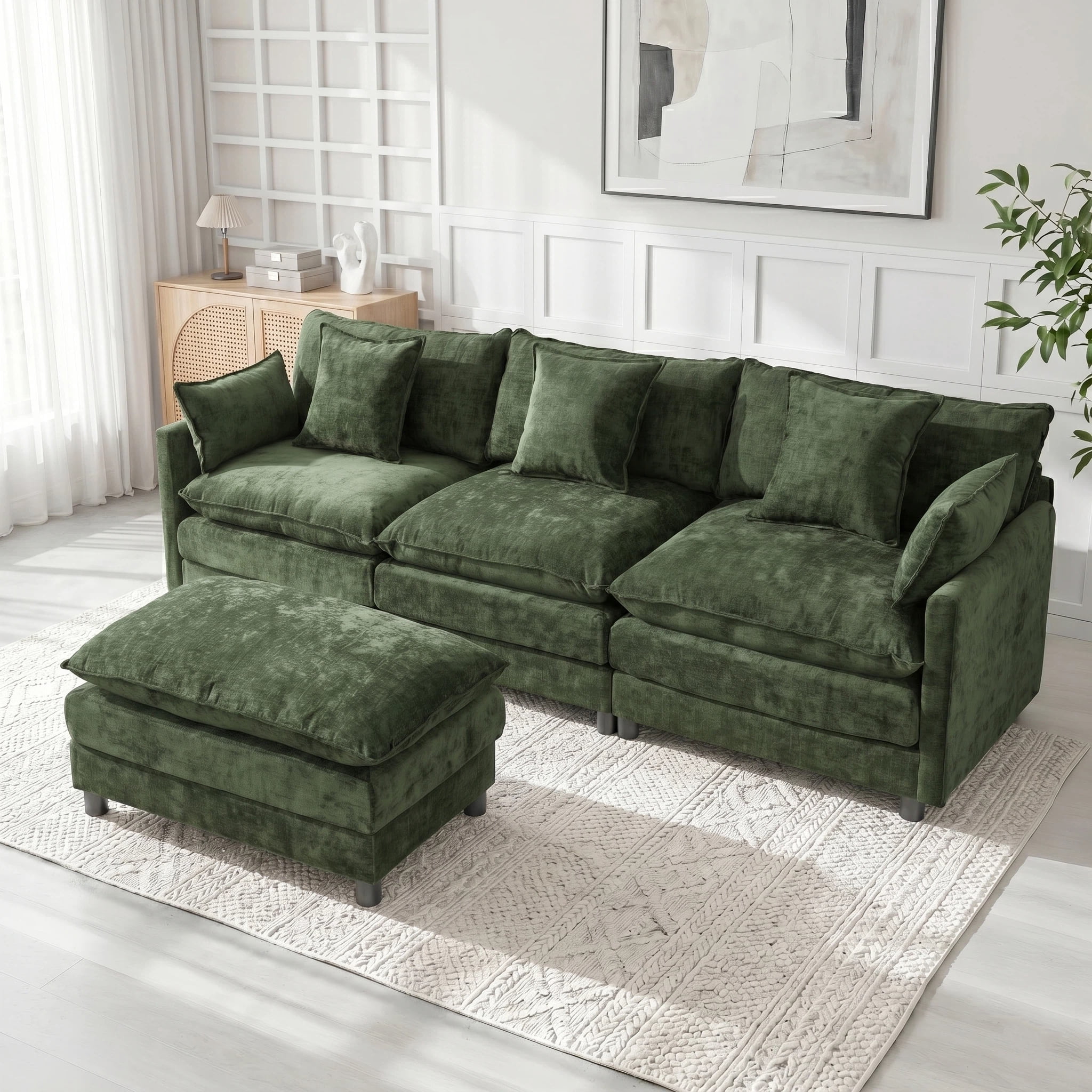 AISWORD 120" L Shaped Modular Sectional Sofa, Cloud Couch with Movable Ottoman, 4 Seat Chenille Deep Seat Sofa with Throw Pillows for Living Room, Green