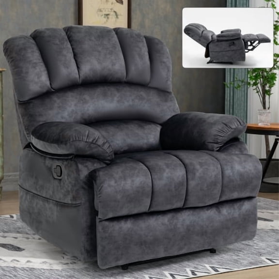 Large Manual Recliner Chair, Oversized Fabric Recliner with Pillow Top Arms, 155 Degree Reclining Living Room Chair, Heavy Duty Frame, Grey