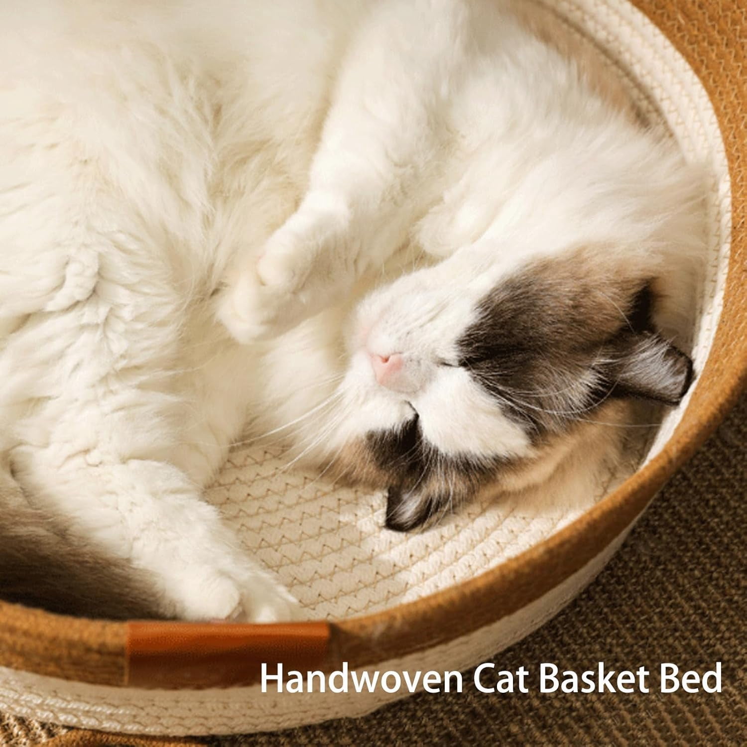 Handwoven Cat Basket Bed with Handles and Toy Ball, Cotton Rope Foldable Sleeping Basket for Indoor Cats, Scratchable Interactive Pet Nest for Cats All-Season, Breathable Weave (Small,Brown)