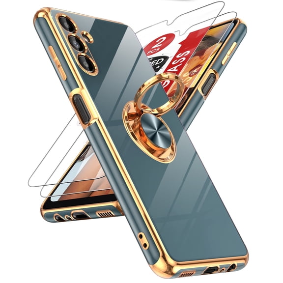 LeYi For Samsung Galaxy A13 5G Phone Case:2pcs Tempered Glass Screen Protector and 360° Rotatable Ring Mount Magnetic Stand,Rose Gold Plated Edge Protector Samsung A13 5G Phone Case, Dark-Green