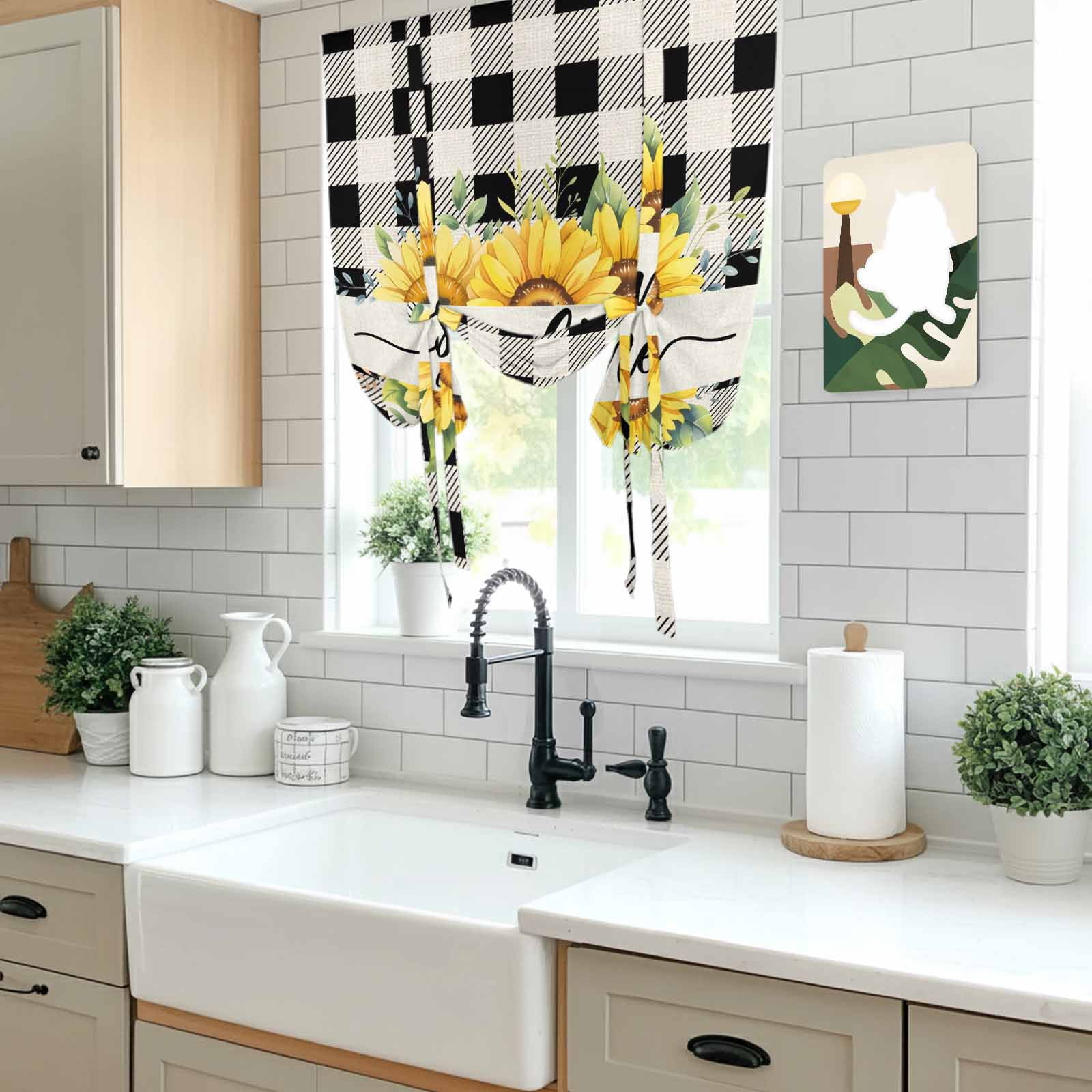 Summer Welcome Tie Up Curtain 45 Inches Long, Yellow Sunflower Leaf Retro Linen Black Plaid Balloon Style Kitchen Window Curtain Over Sink, Small Window Rod Pocket Curtain 52"x45"