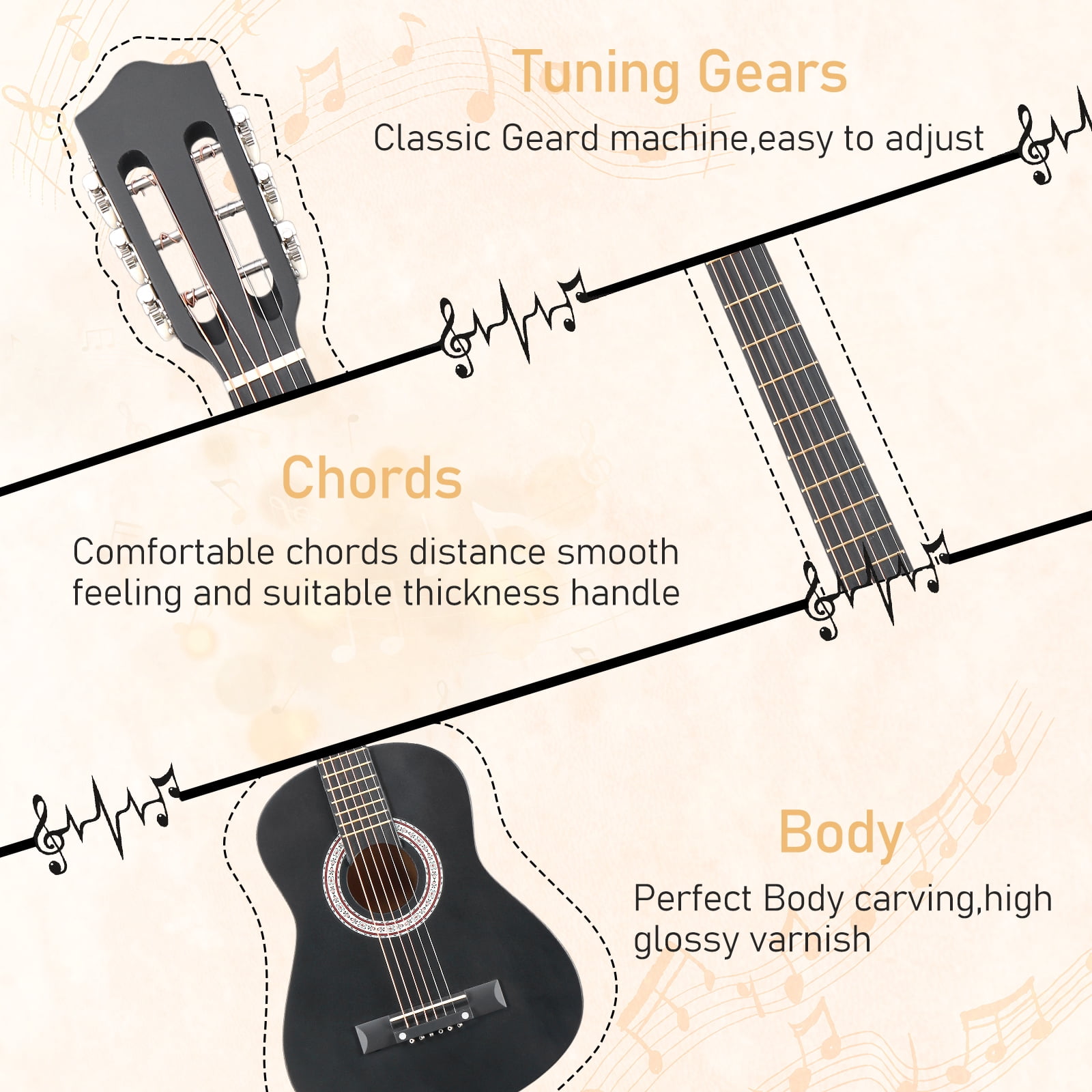 Ktaxon 30in Beginner Round Acoustic Guitar Starter Kit with Bag, Tuner, Extra Strings, Matte Black
