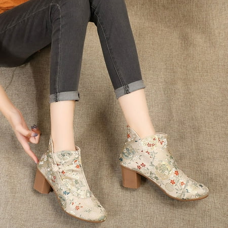 

Spring and Autumn Ethnic Retro Floral Short Boots with Ox-tendon Soles - Women‘s High Heel Chinese Han Style Beijing Shoes