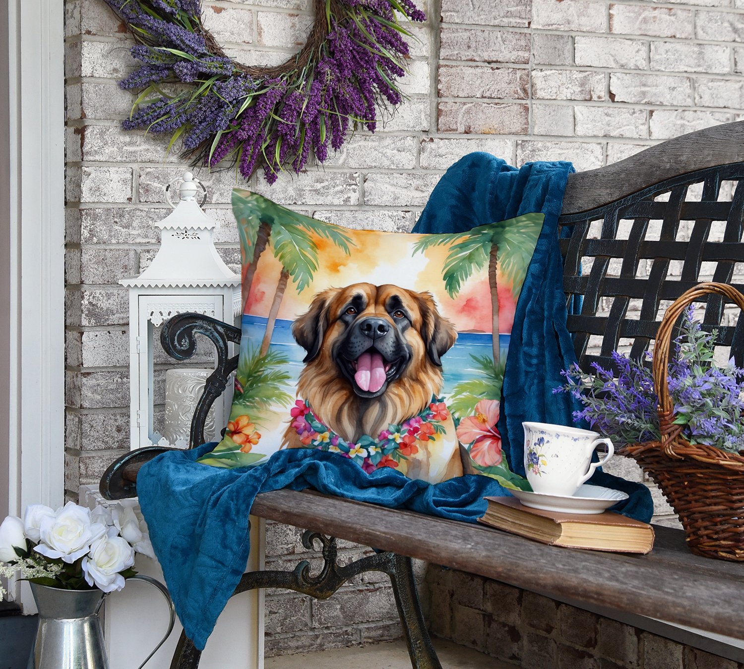 Leonberger Luau Throw Pillow 18 in x 18 in