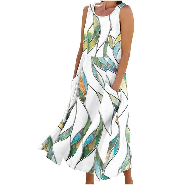 Vestido de Verano para las Mujeres sin Mangas Lino-Look Impreso Maxi, Suelto Fluido Y Vestido Sexy de Moda para las Mujeres