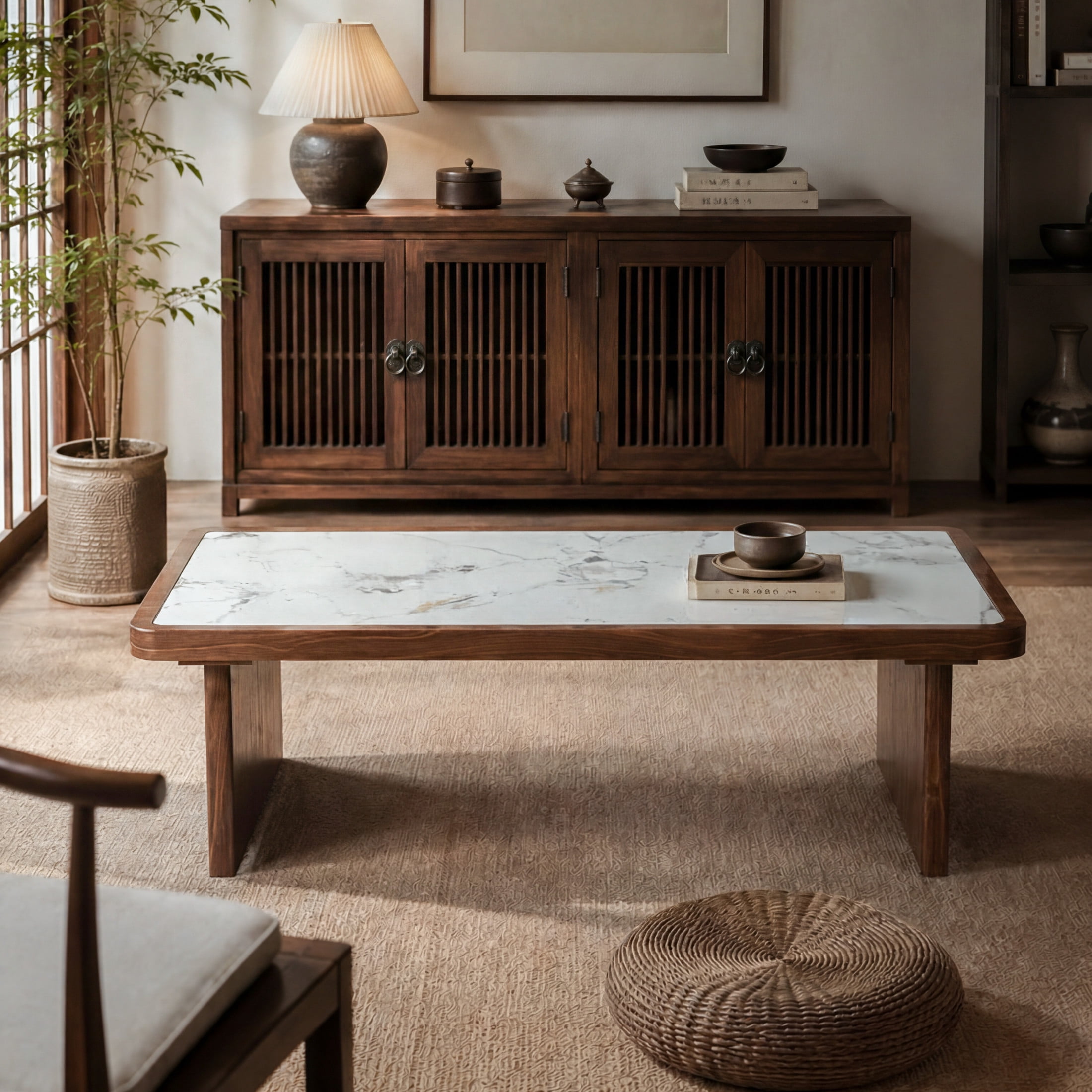 Noble House Ordis 47" Rectangular Sintered Stone Coffee Table with Wood Veneer Frame & Wide Panel Legs, White & Walnut