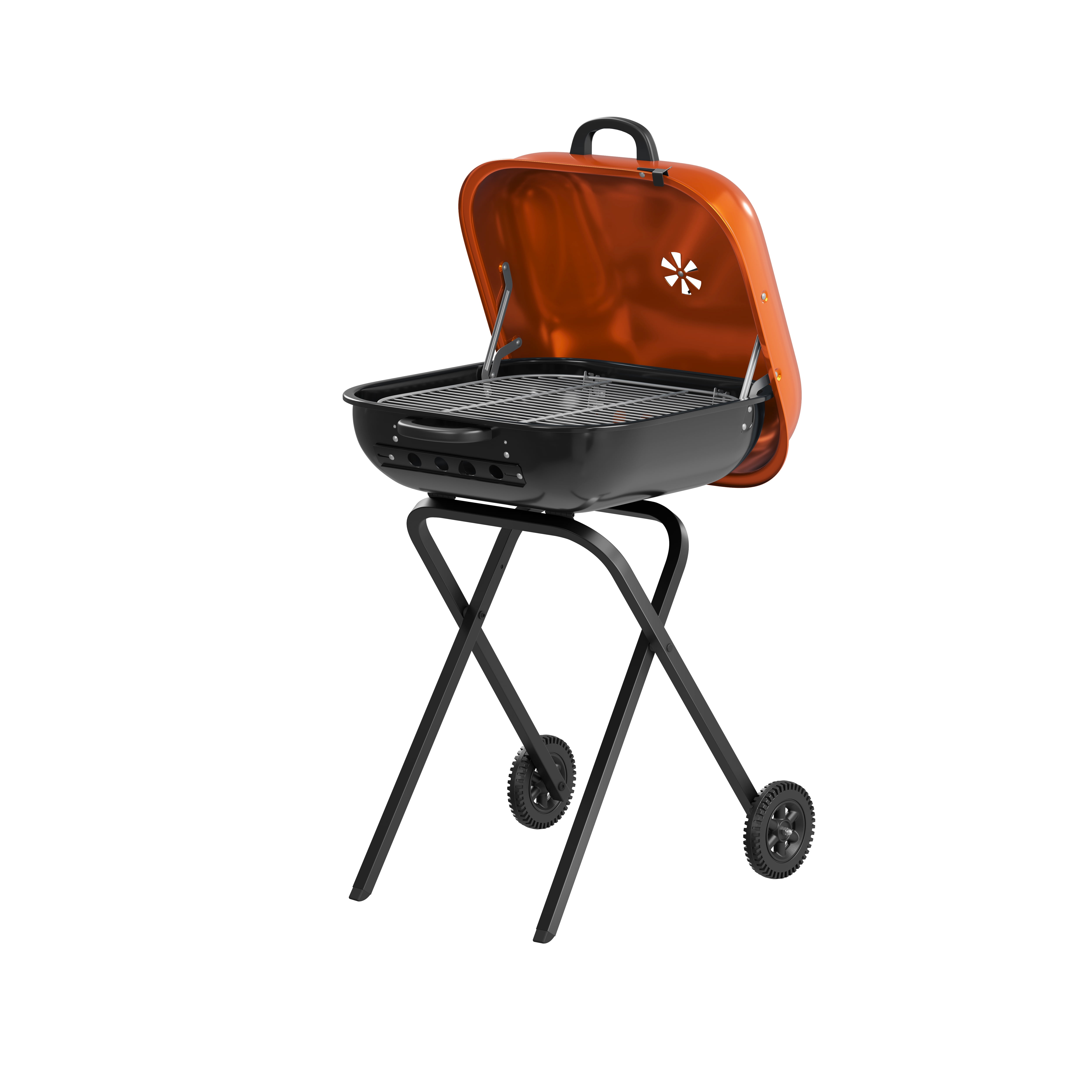 Americana Walk-A-Bout Charcoal Original Square Grill-100% Pre-Assembled Portable Steel, Orange