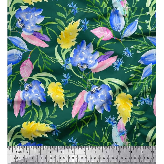 Soimoi Polyester Crepe Fabric Leaves,Feather & Floral Watercolor Print Fabric by Yard 42 Inch Wide