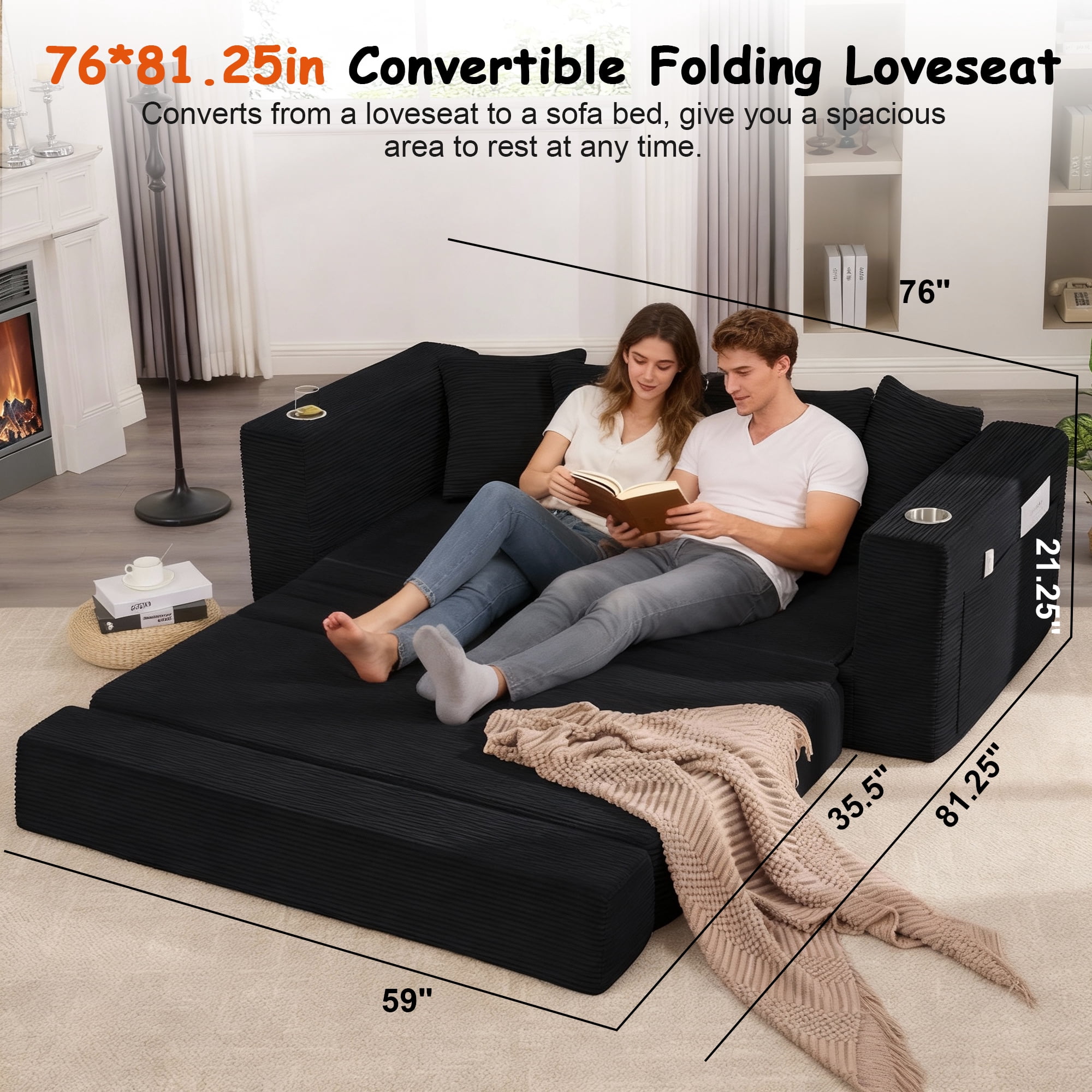 Leumius 76" Convertible Sofa Bed,Corduroy Boneless Couch with Cup Holders & Pocket,2-in-1 Sleeper Sofa Pull-out Couch Bed with 5 Pillows, Living Room, Small Spaces, Bedroom, No Assembly,Black