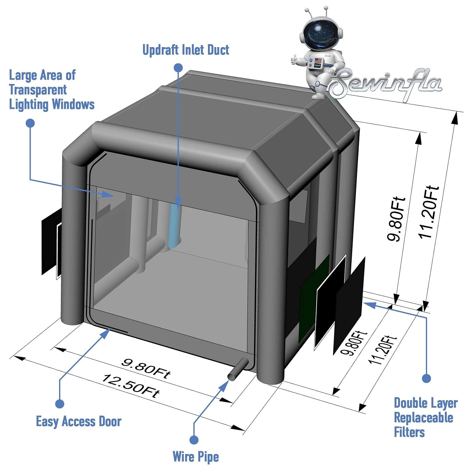Sewinfla Professional Inflatable Paint Booth 12.5x11.2x11.2Ft with Air Extractor Device, Portable Spray Paint Booth with High Efficient Ventilation System for Cars, Auto Parts, Furnitures Painting