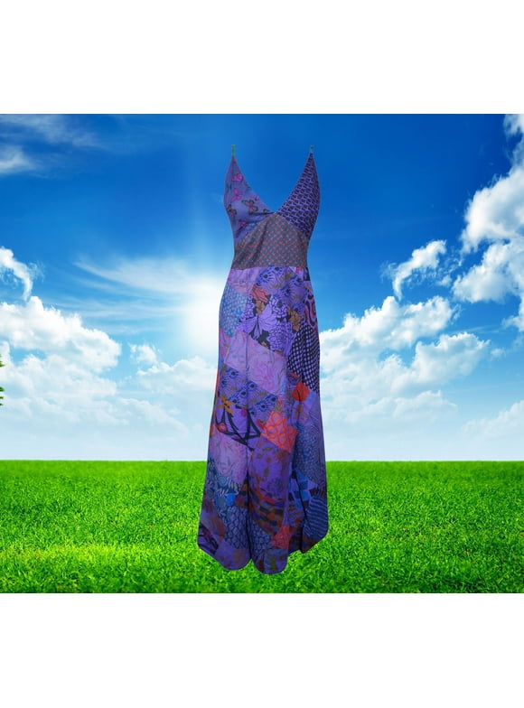 Mogul Womens Patchwork Hippie Dress, Purple Strap Maxi Dress, Handmade Printed Long Dresses, Bohemian Fashion S/M