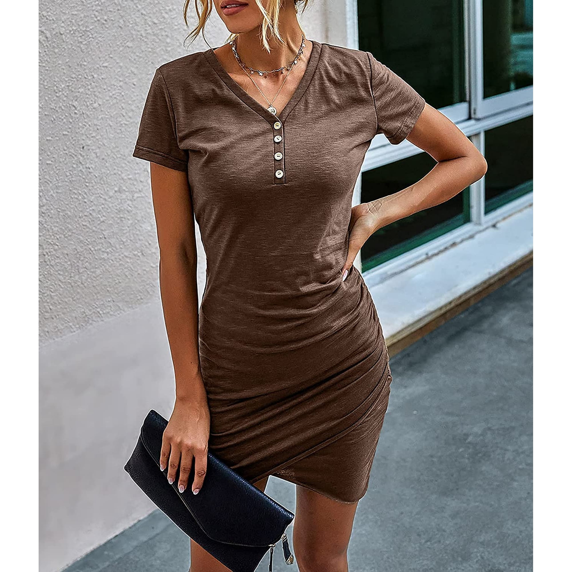 Women's Ruched Bodycon Mini Dress - Sleeveless Crew Neck, Stretchy T-Shirt Dress