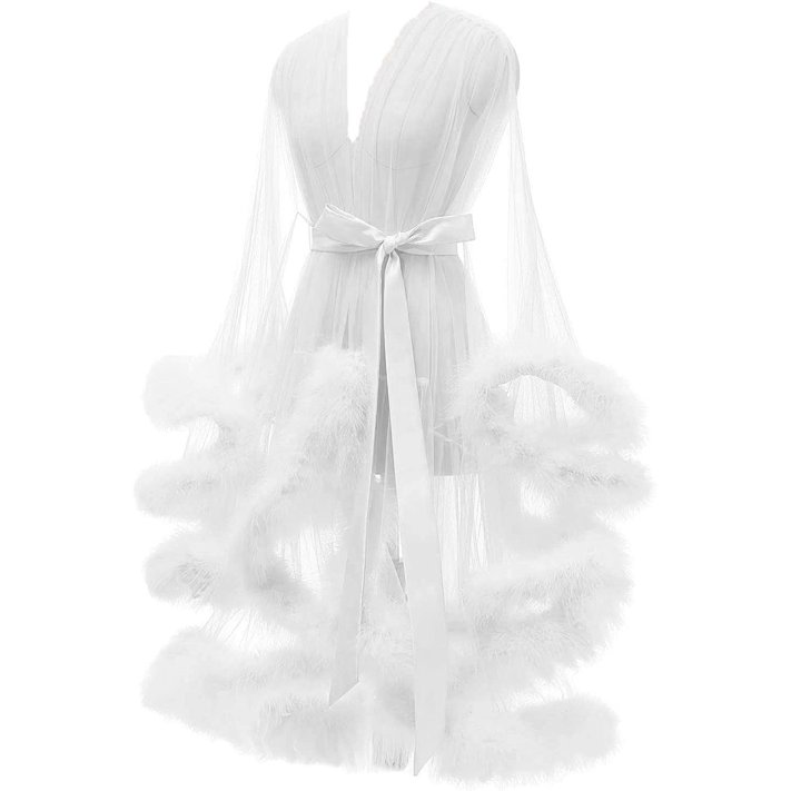 Yexinbridal Tulle Feather Robe Sexy Sheer Mesh Fur Bridal Illusion