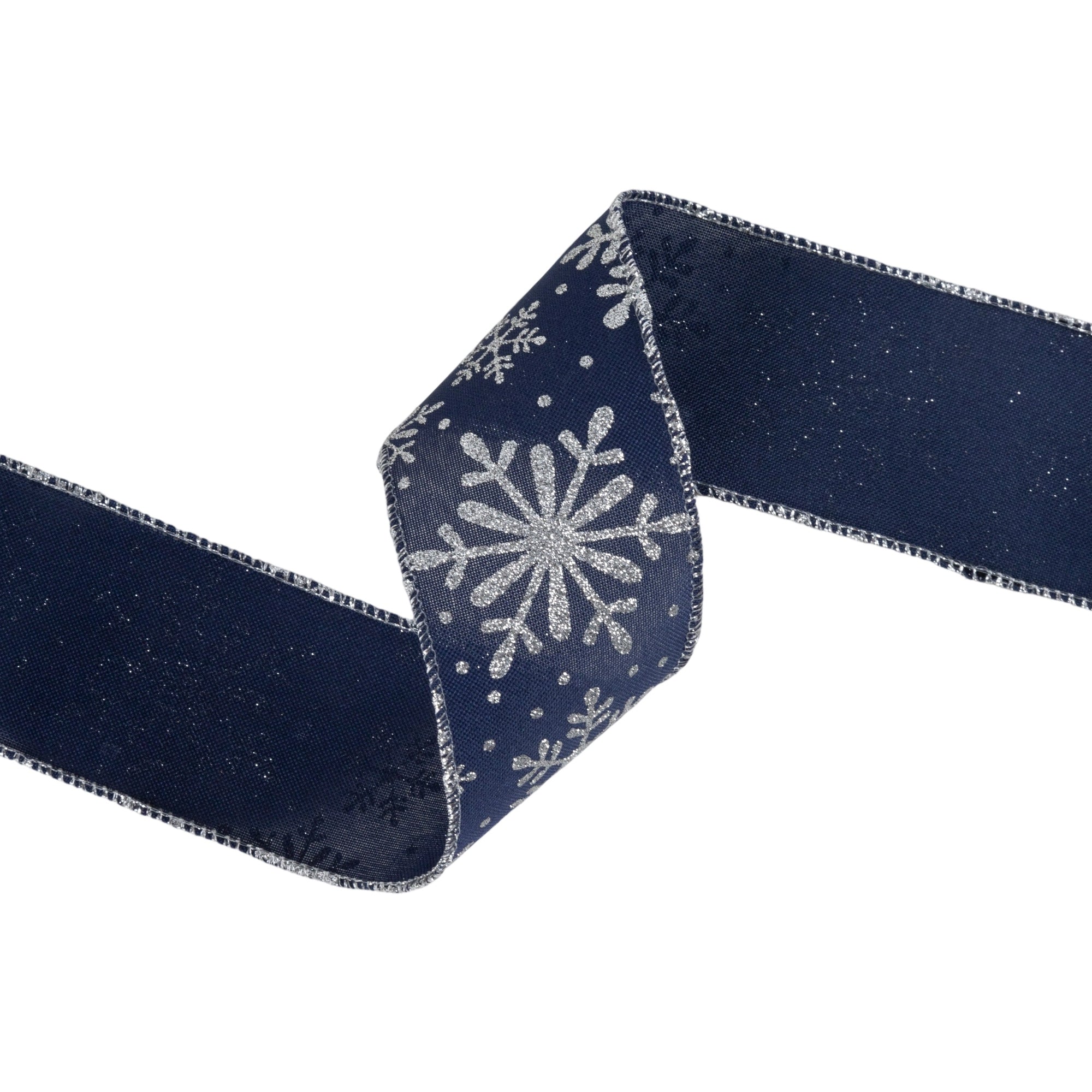LaRibbons 2 1/2" Faux Linen Wired Ribbon, Blue w/ Giltter Silver Snowflake, 25 Yard Roll