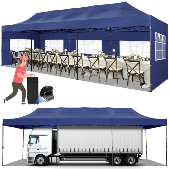 SANOPY 10'x30' Upgrade Pop up Canopy Tent Outdoor Easy Set-up Instant Tent Heavy Duty Commercia Wedding Party Tents, 8 Removable Sidewalls, Roller Bags, 8 Sandbags Gazebo Shelter(Dark Blue)