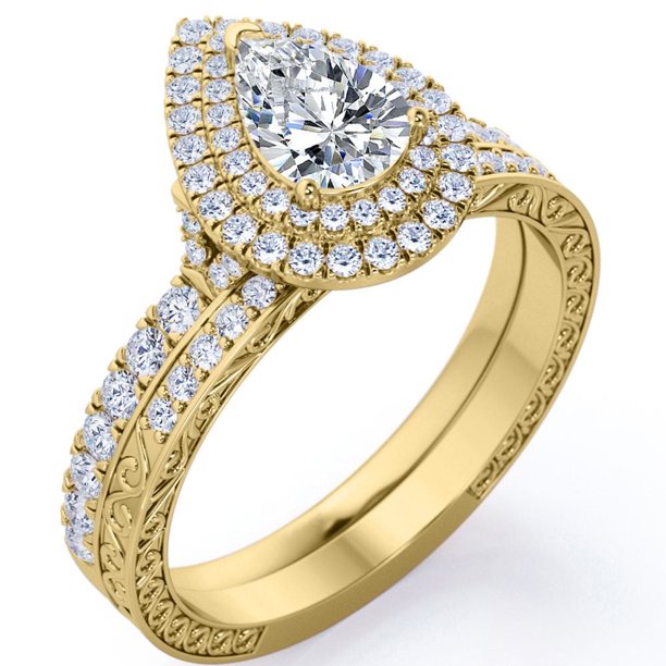 JeenMata Conjunto Nupcial con Halo Doble en Forma de Pera de 1,75 Quilates, Estilo Decorativo Eduardiano Bañado en Oro Amarillo de 18 K sobre Plata