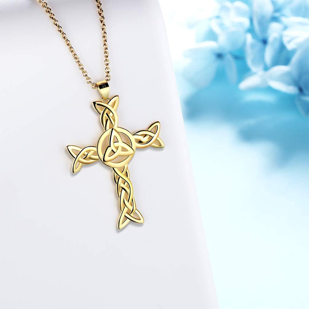 Hipunk 925 Sterling Silver 18K Gold Plated Celtic Cross Necklace for Women Men Trinity Triquetra Knot Pendant Necklace Irish Religious Jewelry Fathers Day Gift