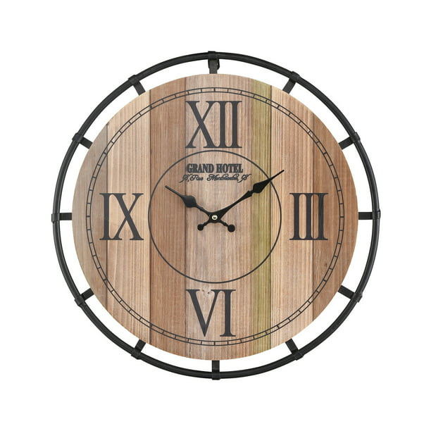 18 Brown And Black Natural Wood Tone Veneer Round Wall Clock Com - Round Natural Wood Metal Wall Clock