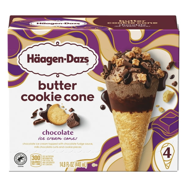 HaagenDazs Chocolate Ice Cream Butter Cookie Cone, 4 Ct