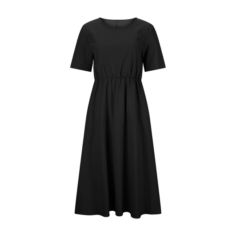 Cotton Linen Dress Womens Summer Short Sleeve Round Neck Loose Pleated Midi  Dresses with Pockets Solid Color (L, Blue) - Walmart.com